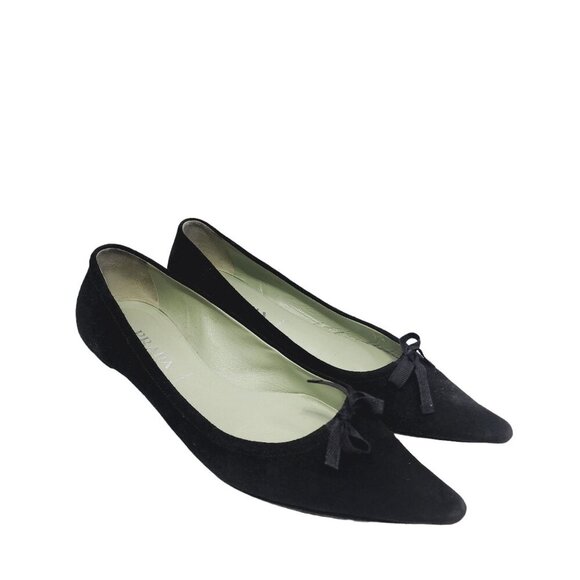 Prada Suede Bow Flats Shoes Women's Size 38.5 Black US 8.5 Slip On Fairy Goth - Picture 1 of 13